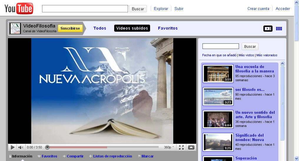Canal de vídeos de Nueva Acrópolis en YouTube